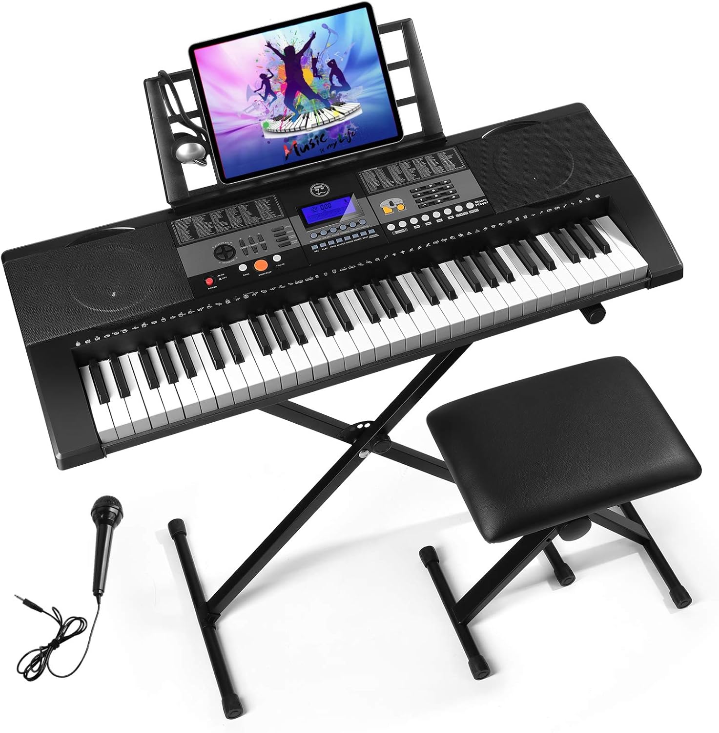 Amazon.com: Mustar 61 Full Size Touch Keys Piano Keyboard, Portable Electronic Music Keyboard Kit with Stand, Stool, Microphone,Headphone & Power Supply,: Musical Instruments